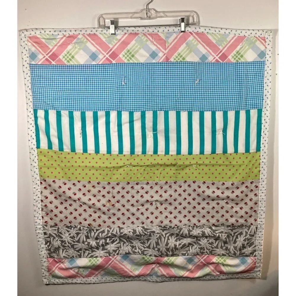 Handmade Hand Tied Baby Quilt Large Multicolored Stripes White Blue Rose Flannel